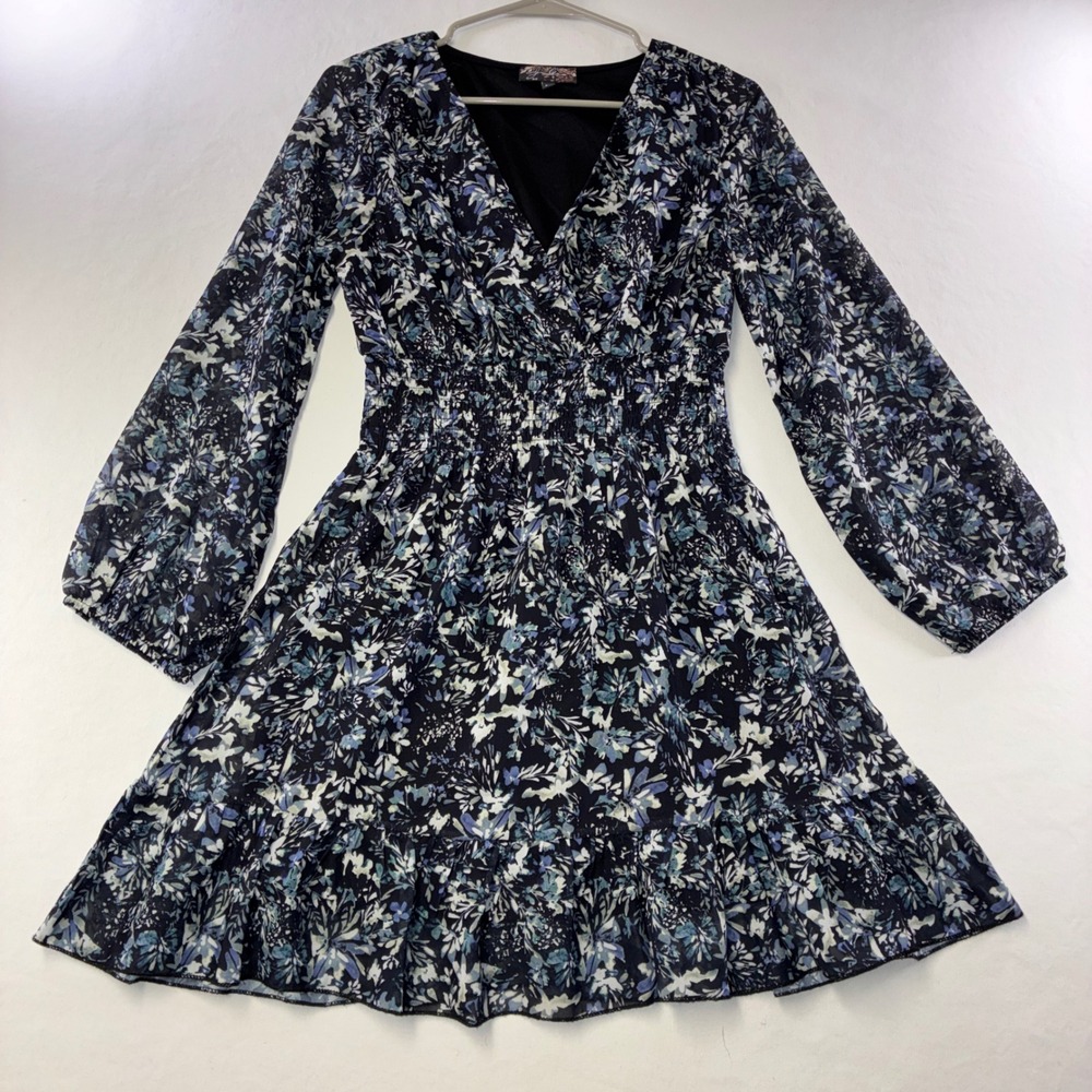 558 Boho J. Gee Floral Smocked Chiffon Mini Dress PM Blue V-Neck Ruffle Hem Long